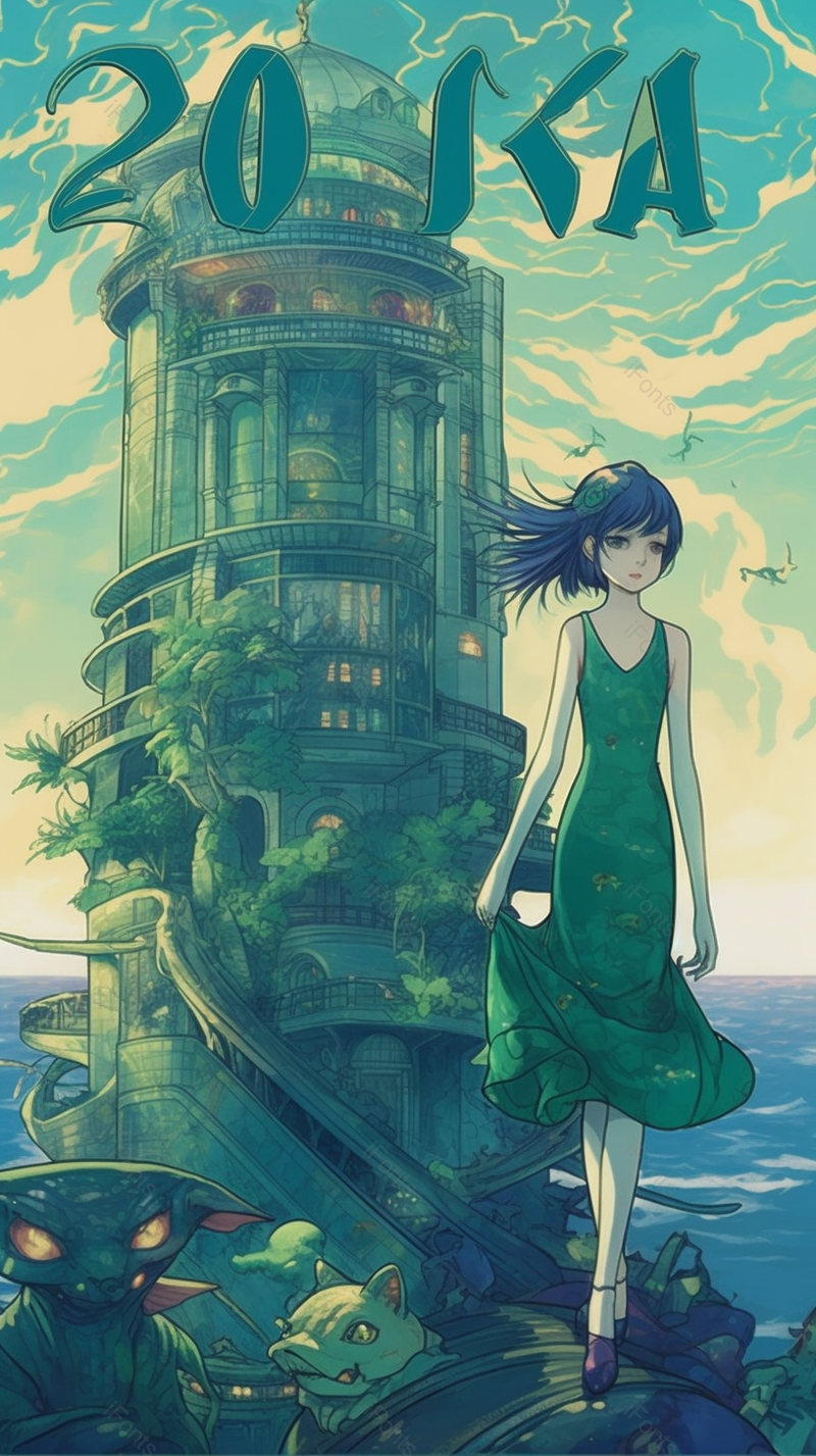 灯塔海岛绿色女生全身半身雨林潮湿唯美海报素材,插画/手绘图,插画/手绘图库,插画/手绘图下载,插画/手绘